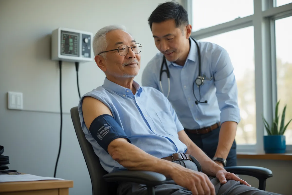 A doctor checking a man's blood pressure during a checkup