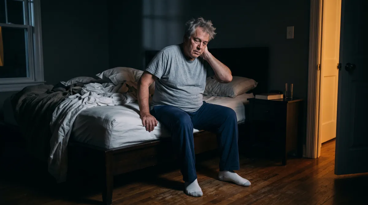 A man sitting on the edge of his bed in the middle of the night