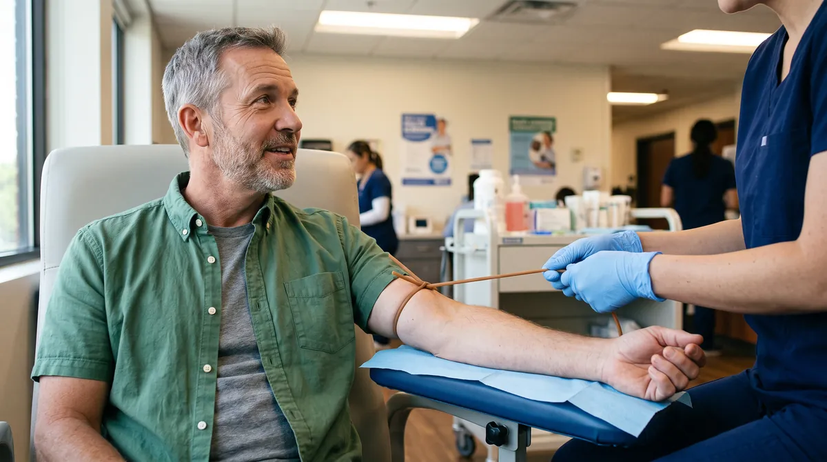 A nurse preparing a man's arm for a routine blood test